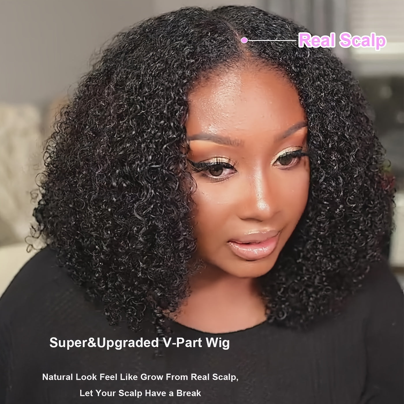 V Part Afro Kinky Curly Human Hair Wig for Women - 100% Brazilian Virgin Hair, 250% Density Glueless Clip-In Half Wig with Rose Net Cap, No Leave Out & Natural Color, Beginner Friendly, Versatile Hairpiece | Elegant Hairstyle
